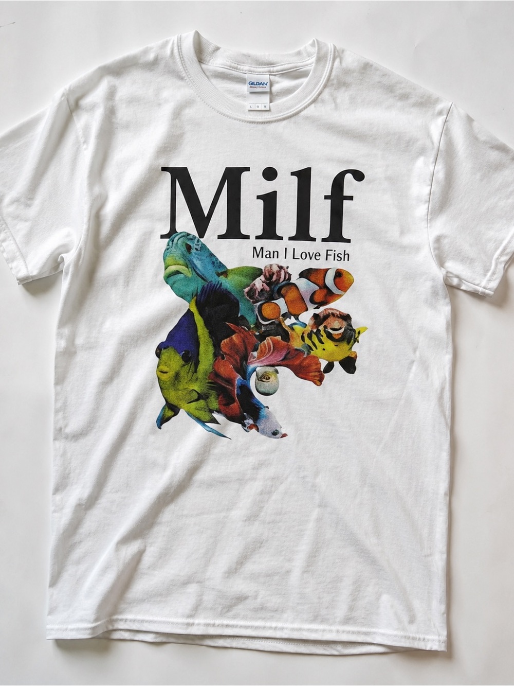 Gildan White Tee with Colorful Tropical Fish Graphic